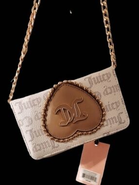 Juicy Couture Beige Logo Jacquard Wallet With Tan Heart Plaque